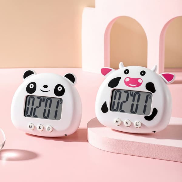 Ko-formet silikone digital timer hvid med sorte pletter lyserøde ører viser minut sekund nedtælling