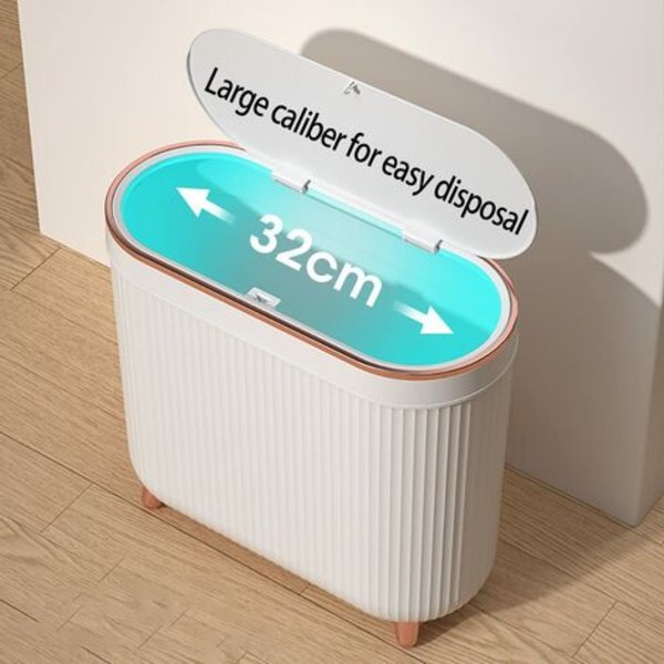 Badrumspapperskorg (med lock) - Smal papperskorg - Rektangulär papperskorg i plast med smal öppning för vardagsrum, kök, badrum (Vit)/NC/