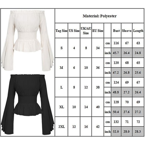Kvinder Ensfarvet Renæssance Bælte Talje Bluse Off Shoulder Toppe Middelalderlig Viktoriansk Langærmet Skjorte Pirat Cosplay Kostume Sort S