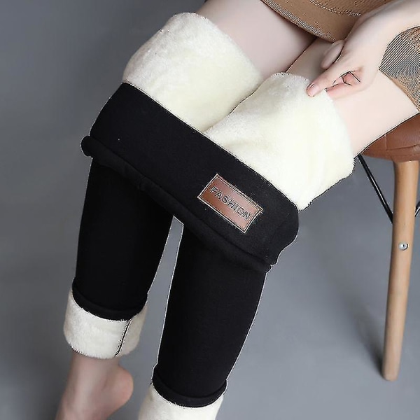 Vinter Sherpa Fleece-fodrade leggings för kvinnor, hög midja Stretchiga tjocka kashmir leggings Plysch Varm thermal Black L