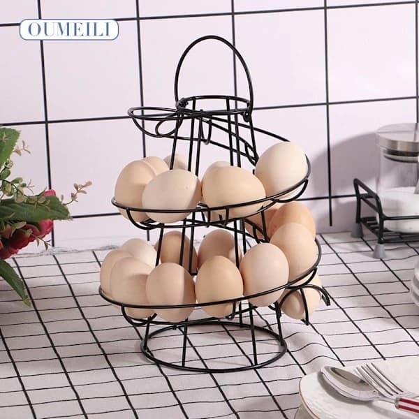Eggedispenser, eggspiral i rustfritt stål, spiraldesign, eggstativ for ca. 30-36 egg, svart