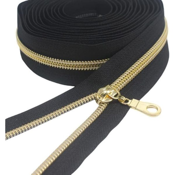 {NT}9 meter metallisk nylon lynlås, 30 mm bred, inklusive 35 skydere (guld sort)