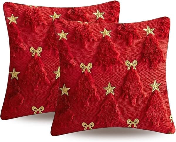 2-pack Juliga Kuddfodral 45×45 cm – Röd Med 3D Broderad Gran, Stjärnor & Rosetter – Vintermys för Soffa & Sovrum – Dolda Dragkedjor