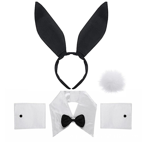 Kanindräkt Set Kaninöron Pannband Krage Fluga Dräkter Manschetter Kaninsvans För Påsk Cosplay Black