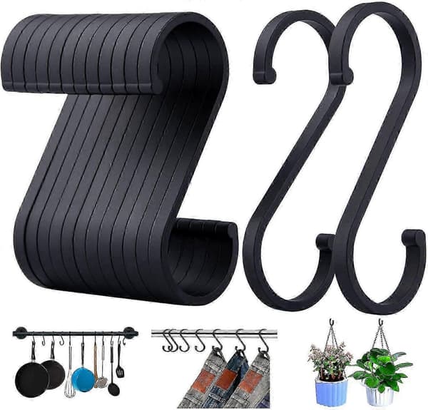 12-pack Black Aluminum S-Hooks for Kitchen, Wardrobe & Garage Storage