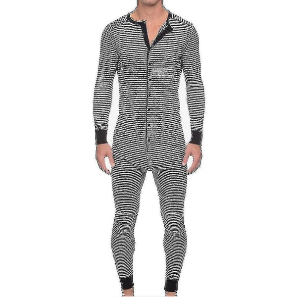 Randig långärmad för män One Piece Jumpsuit Sleepwear Pyjamas XL Grey