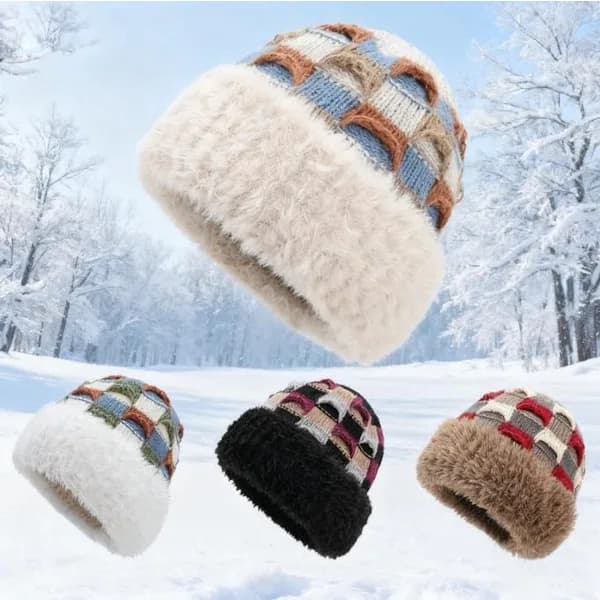 Varm stickad vintermössa - med fleecefoder - Unisex - Lämplig för kallt väder (beige)