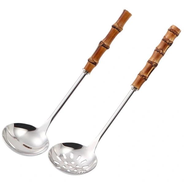 Steel Spoons with Bamboo Handle 2-Pack, Long Spoons for Soup, Colander for Kitchen, Durable and Comfortable Kitchen Utensils