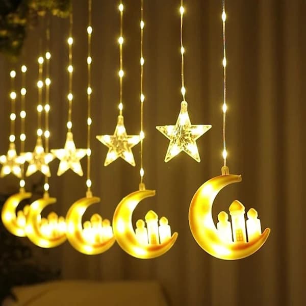 Eid Mubarak Dekorasjon Stjerne Måne LED Gardin Lyslenke