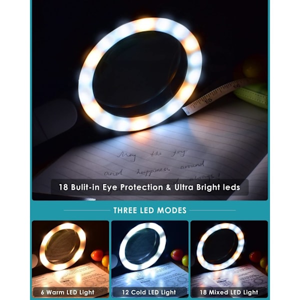 Suurennuslasi valolla, 30x lukusuurennuslasi, 18 LED - 3 tilaa, kädessä pidettävä suurennuslasi selkeydellä, kaksoislasilinssit, lukemiseen