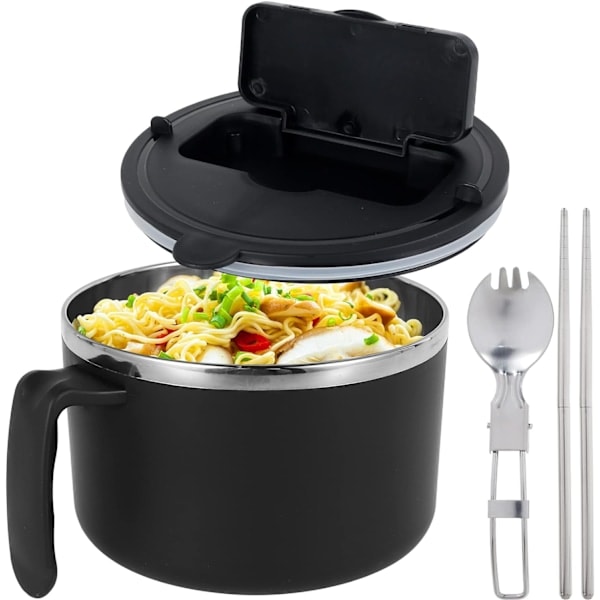 1200ml Snabb Ramenskål med Filtrerbart Lock, Rostfri Nudelskål med Sked Ätpinnar BPA-fri Ramen Kokarskål med Handtag svart/NT/