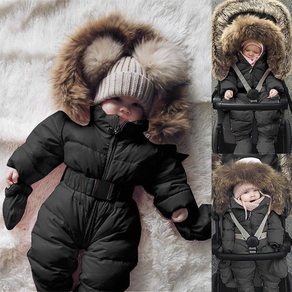 Unisex jumpsuit med huva för baby för 0-24 månader Pojkar Flickor Jumpsuit Romper med pälskrage Black 70cm