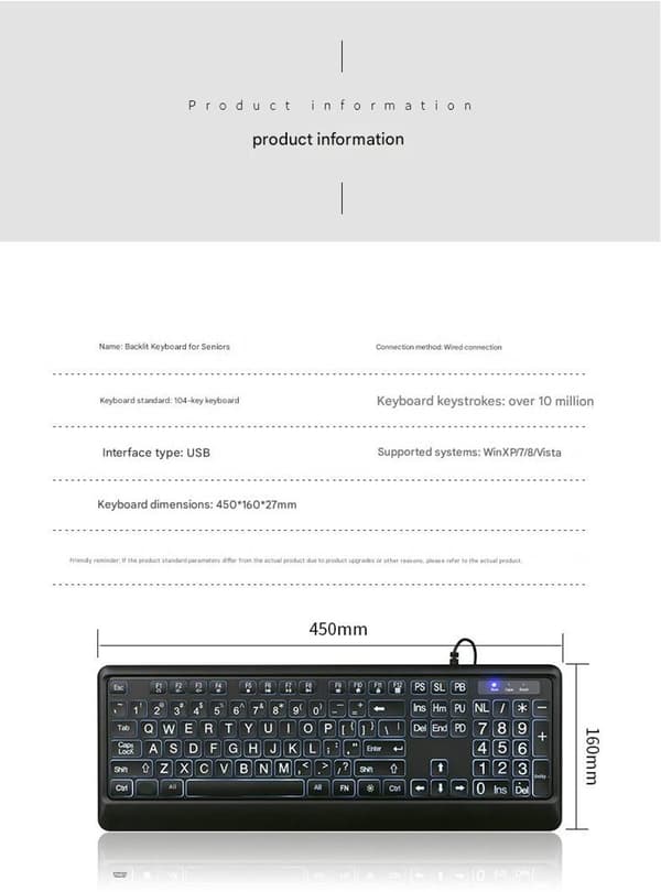 Baggrundsbelyst USB-tastatur med store taster, kablet design til ældre, sort