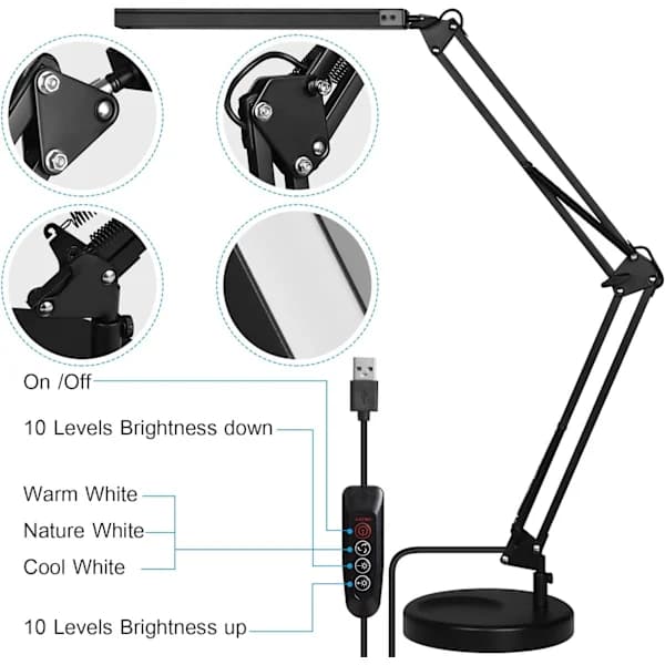 NA/LED Skrivebordslampe - Clip-on LED Skrivebordslampe - Øyebeskyttelse - 3 Lysmoduser, 10 Lysstyrker