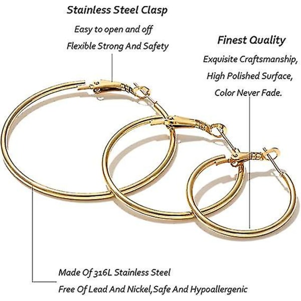 6 par rostfritt stål guld silverpläterade bågeörhängen för kvinnor flickor, allergivänliga bågar damörhängen ögla örhängen set (30,40,50 mm)