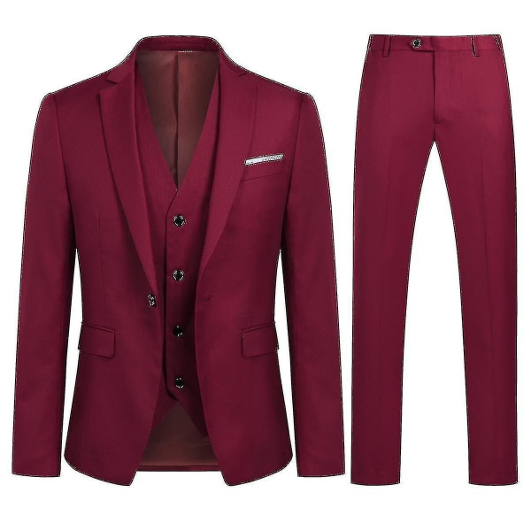 Herrkostym Business Casual 3-delad kostym blazerbyxor Väst 9 färger 3XL Dark Red