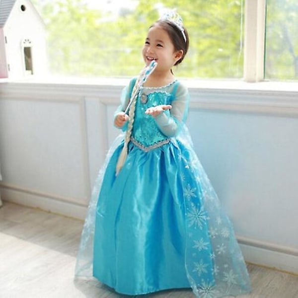 Flickor Frozen Queen Elsa Prinsessklänning Cosplay Kostym Julparty Fancy Dress Up - ca 7-8 År