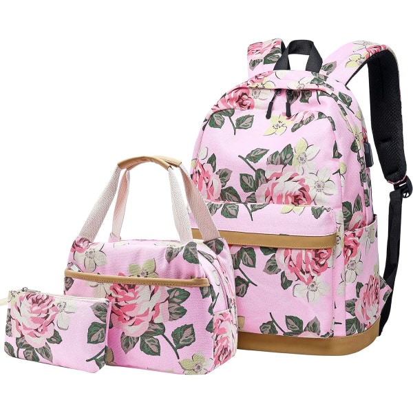Canvas ryggsäck set med blommor print med matlåda och case Pink
