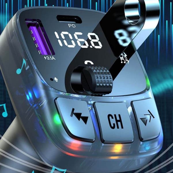 Bluetooth Biladapter Oplader PD | Trådløs FM-Sender & Musikafspiller med USB sort black