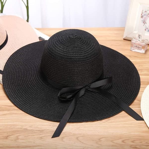 Dame strå solhat, UPF 50+ UV-beskyttelse, bred skygge, justerbar snøre, floppy strandhat til voksne, sort One Size