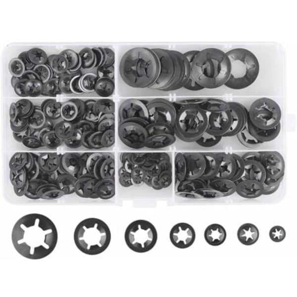 280 stk. Låseskiver, stållåseskiver, hurtiglåseskiver M3 M4 M5 M6 M8 M10 M12, 7 størrelser, sort, DOLASO/NC/