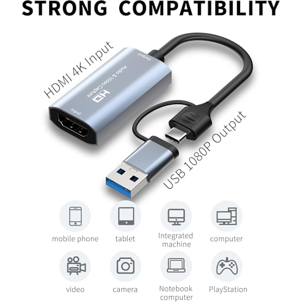 /NN/Video-kaappauskortti, HDMI - USB/Type-C 1080P suoratoistoon, opetukseen, videoneuvotteluihin tai livelähetykseen
