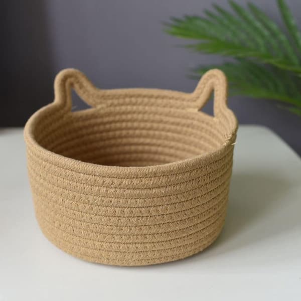 Vävda förvaringskorgar, 100 % bomullsrep, kattöronsdesign, set om 3 för barnkammare, sovrum och vardagsrum, brun, S/M/L