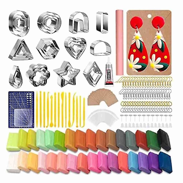 Polymer Clay Ørering Fremstillingssæt Inkluderer 30 stk Polymer Clay Ørering Udstikkere Forme, 32 farver Ler, Til