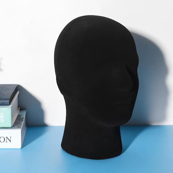 Skum mannequin hode for menn, modell for parykker, briller, hatter, svart displaystativ