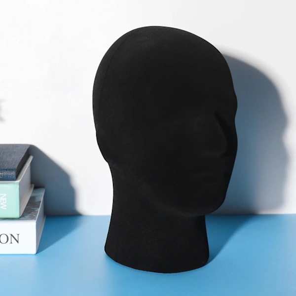 Skum mannequin hoved til mænd, model til parykker, briller, hatte, sort displaystativ