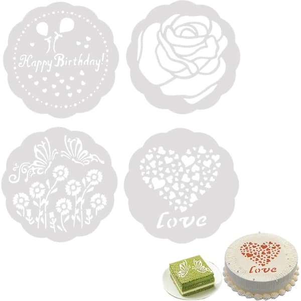4-pack Tårtstencil, med eleganta blommönster (15 cm)