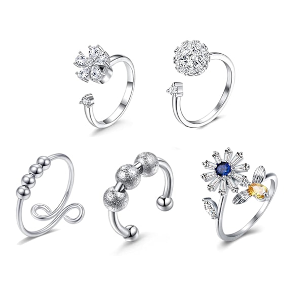 5 stk Blomångest Ring Sett Zirkon Blomster Perler Roterbar Justerbar Åpen Fidget Ring Sett for Kvinner