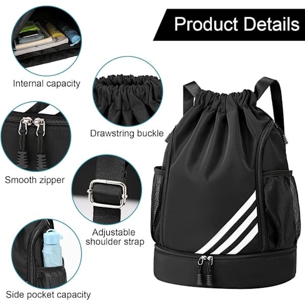 Vanntett snøreveske for barn og voksne, stor snøre gymbag, sport snøre gymsekk, unisex PE-veske med skolomme Black/NT/