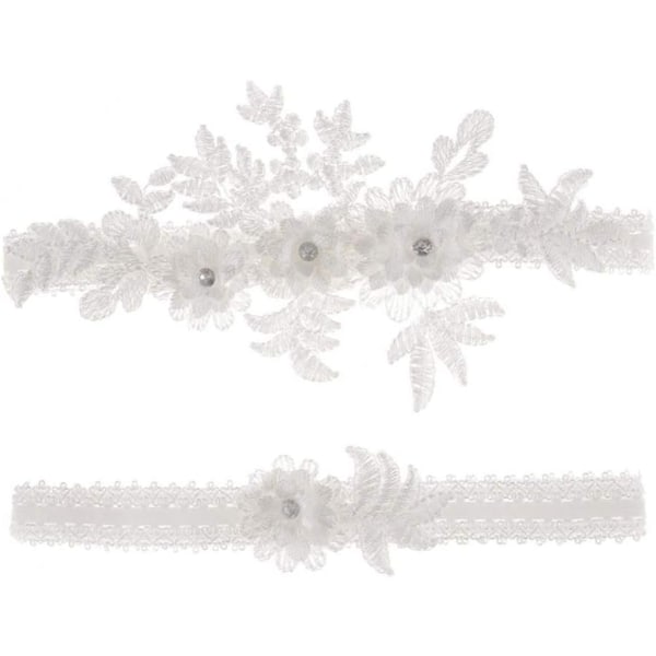2 stycken elastiska strumpeband med strass blomspets White