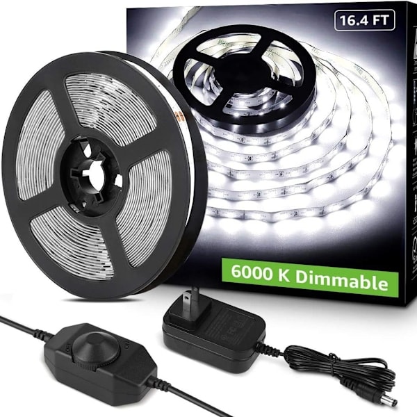 [NT] LED-strip 5M 300 lysdioder, 1650lm dimbara strips för kök, kallvit 6500K (12V strömadapter och dimmerbrytare ingår)
