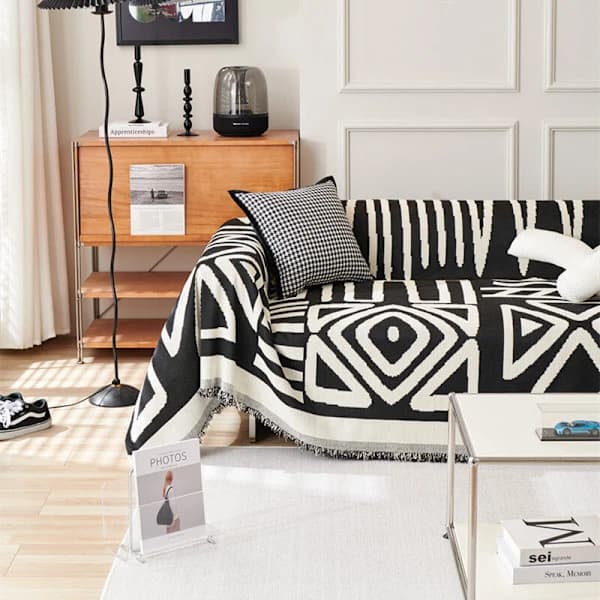 Tvättbart Vändbart Soffskydd för Husdjur, Svart Chenille 2-Sits Geometrisk Boho Design, Sektionsskydd