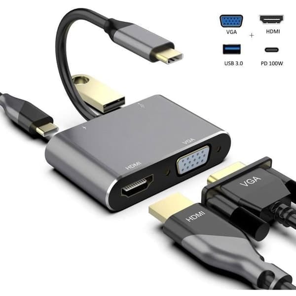 {NT} Typ C till VGA + HDMI + USB3.0 + PD100W Laddning 4-i-1-adapter - Samma skärmar - Grå