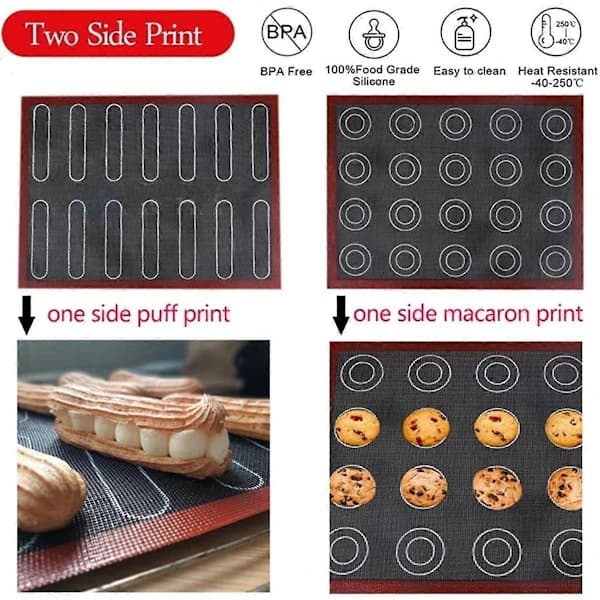 Silikon Bakeplate for Macarons, 30x40 cm, Vendbar, Trykt, Non-Stick, Perforert, Bakeplatepapir