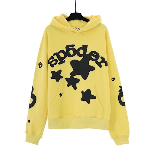 Stjernetrykk Brev Spindelnett Trykk Hettegenser for Menn og Kvinner Hip Hop Løs Mesh Trykk Tynn Sweatshirt Hettegenser-WELLNGS Gul 145 M/NT/