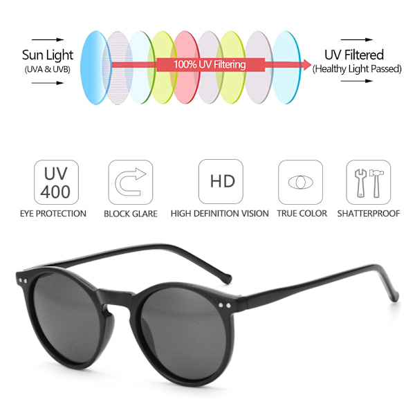 Unisex cirkulære polariserede solbriller briller solbriller UV400 rund ramme retro Sort-Sølv Black-Silver