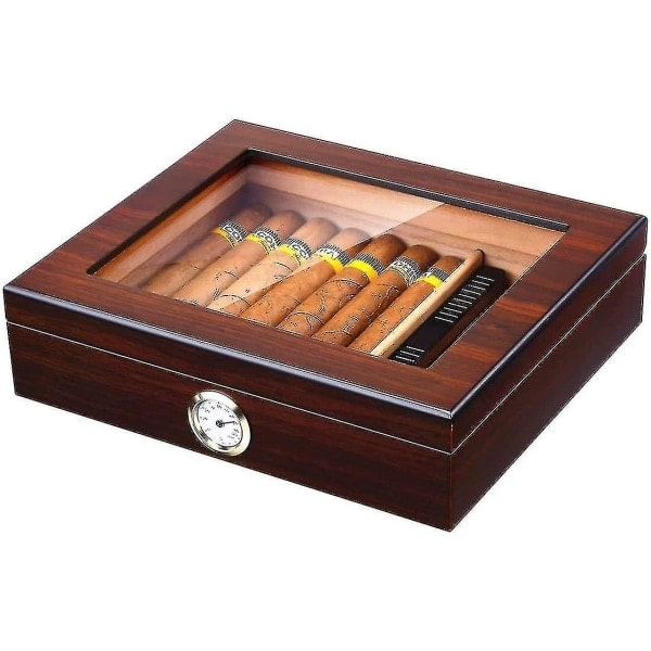 Handgjord cigarrhumidor, cigarrlåda i cederträ med luftfuktare och hygrometer, glaslock/NT/