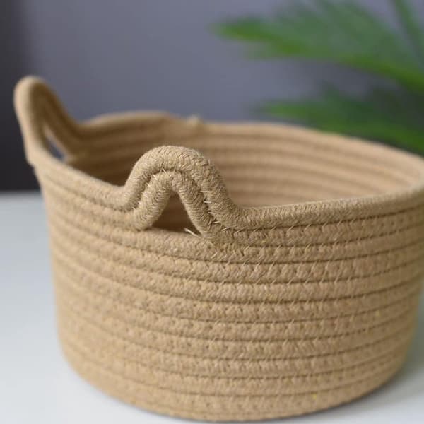 Vävda förvaringskorgar, 100 % bomullsrep, kattöronsdesign, set om 3 för barnkammare, sovrum och vardagsrum, brun, S/M/L
