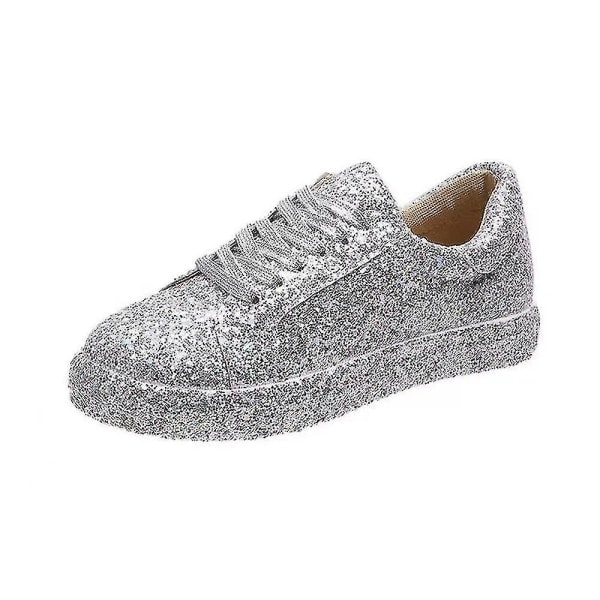 Kvinnors Glittriga Sneakers med Snörning, Casual Joggingskor, Platta Skor, Silver, Storlek 40