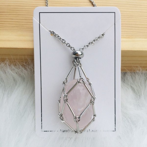 Crystal Holder Cage Necklace Crystal Net Metal Halsband SILVER Silv Silver Rose Quartz-Rose Quartz