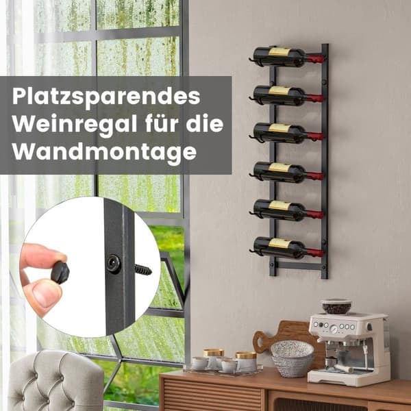 Veggmontert vinstativ for 6 vinflasker, metallflaskeholder 22 x 13,5 x 73 cm, svart_NN