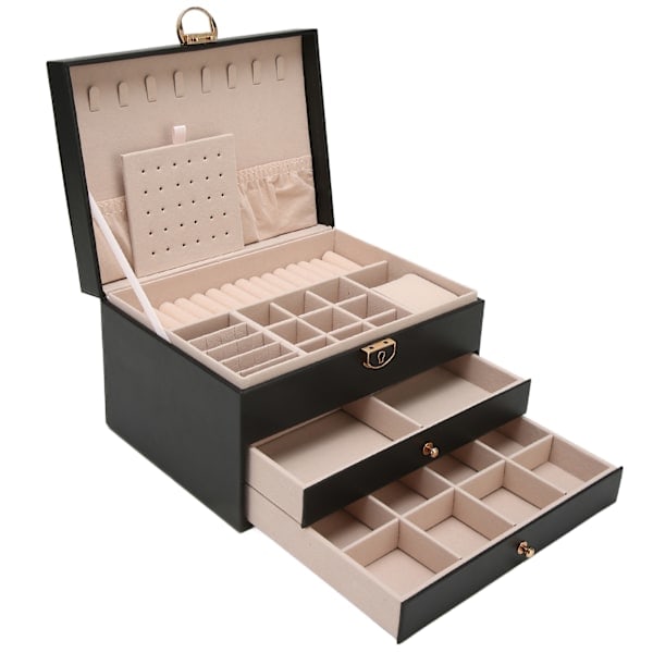 /NN/Smykkeskrin i sort læder til kvinder, smykkeorganisator med 2 lommer til halskæder og armbånd style3