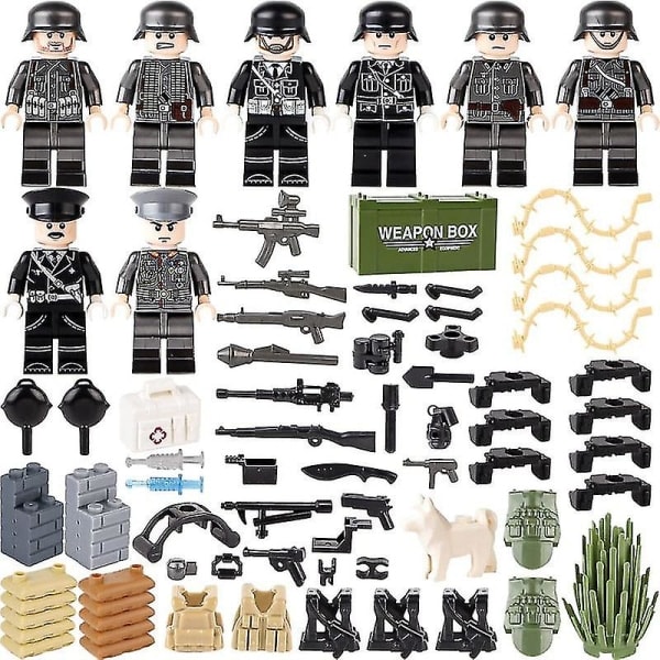 8 st Militära Minifigurer Bas WW2 Set + Vapen Kit Armé Vapen Soldater Leksaker