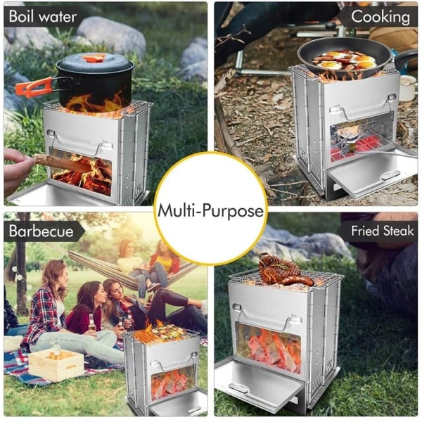 [NT] Bärbar Grill Campingkök Mindre Rök Extra Stabil Rostfritt Stål Vedeldad Kamin För BBQ Camping Backpacking 1