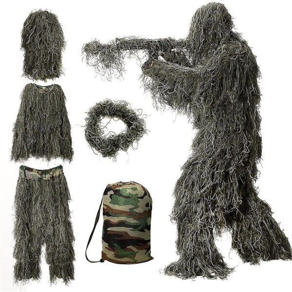 5 i 1 Ghillie-kostym, 3d kamouflagejaktkläder inklusive jacka, byxor, luva, bärväska 1.6m Green