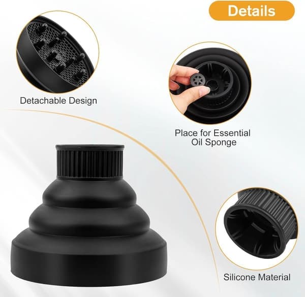 Hårdiffuser - Til krøllet og bølget hår - Med hovedbundsmassagebørste - Universal pasform (6 cm) - Sort